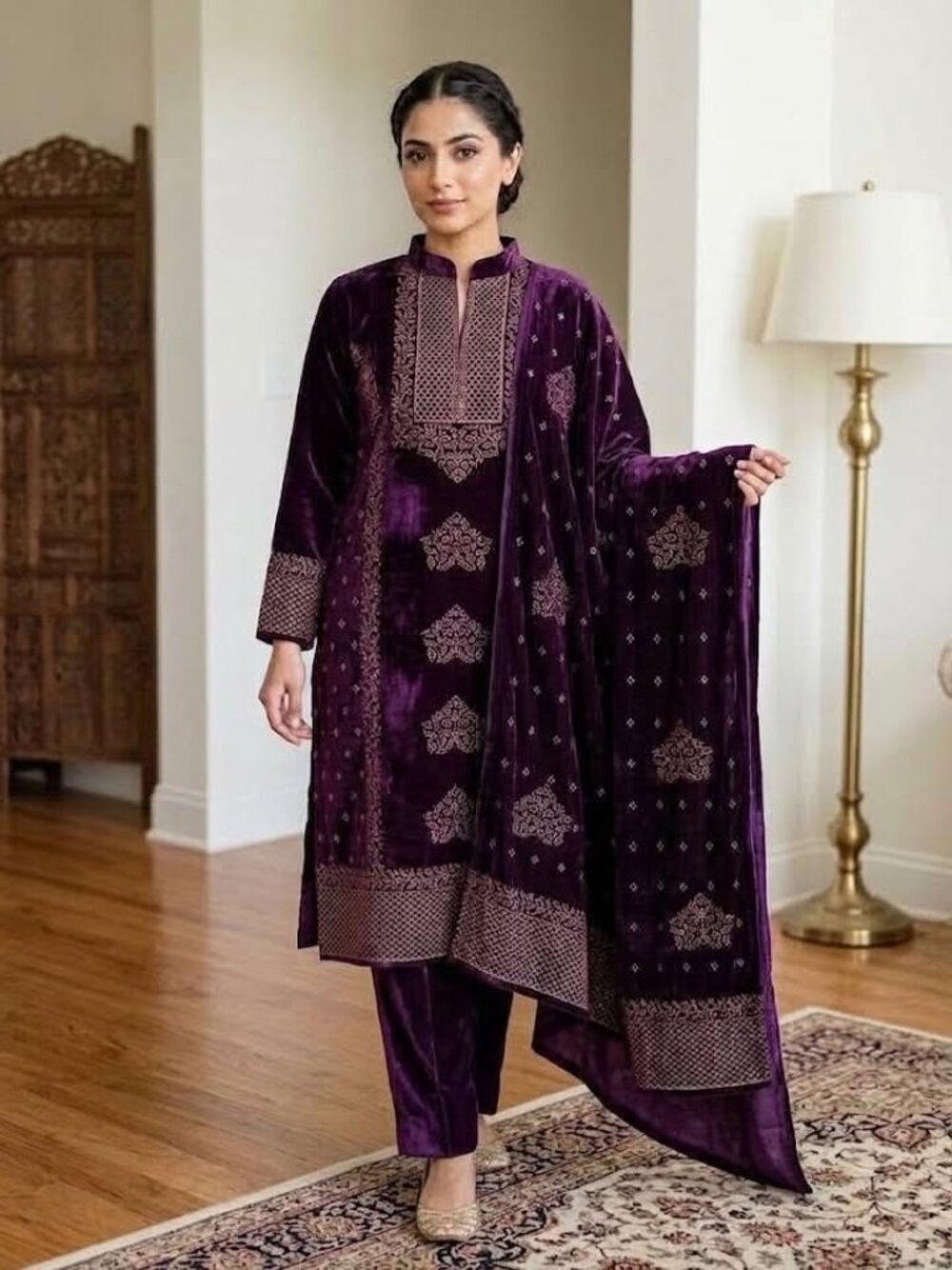 Women's Elegant 3-Piece Plush Velvet Outfit | Plum Kurti Tunic Top, Pants & Scar